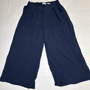 Hollister Ultra High Waist Cropped Crinkle Wide Leg Large Navy Blue Pants EUC